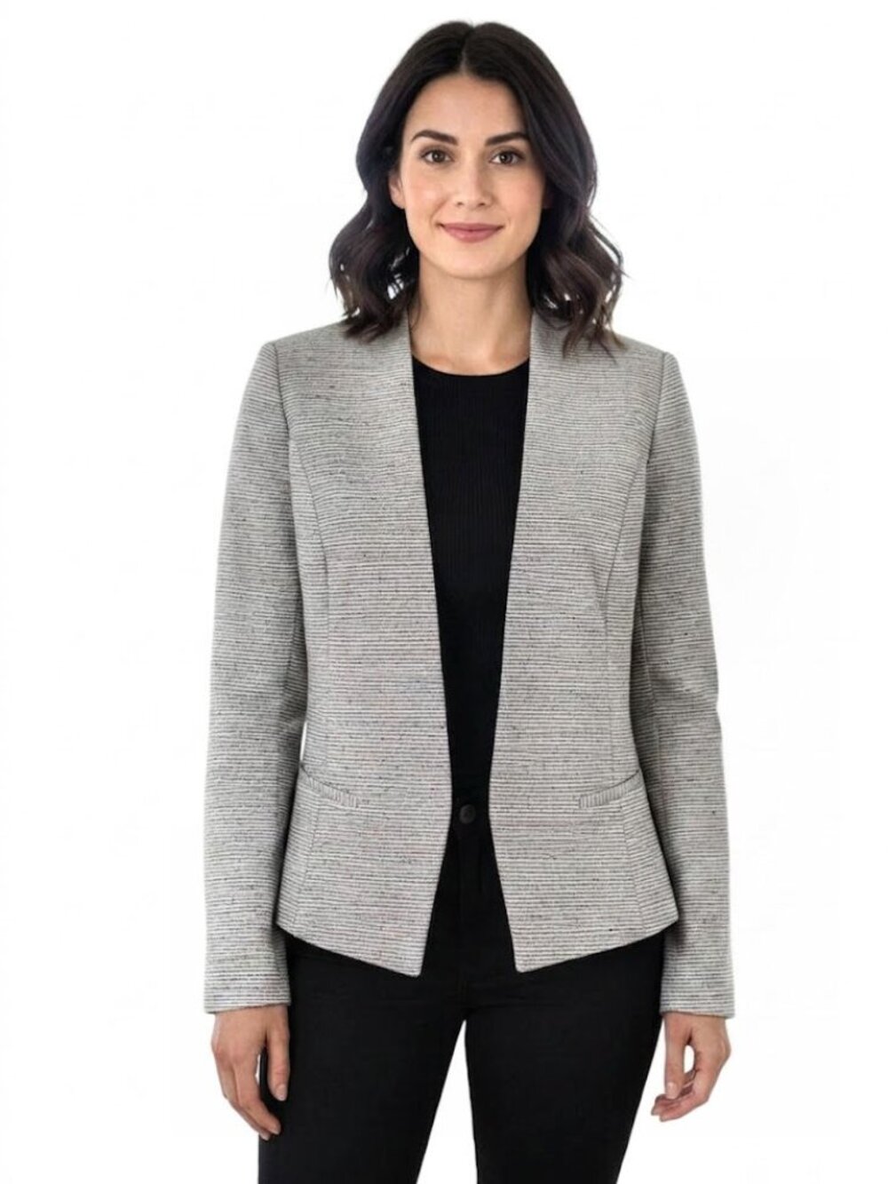 Halogen Open Front V-Neck Jacket, white/ Grey Tweed, Women's Size M